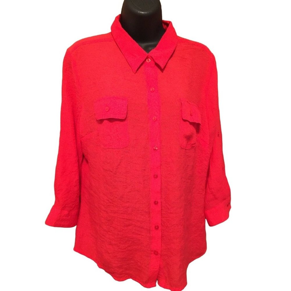 Mystique Aura Blouse Womens Petite XL PXL Coral Pink Top Long Sleeve Semi Sheer
